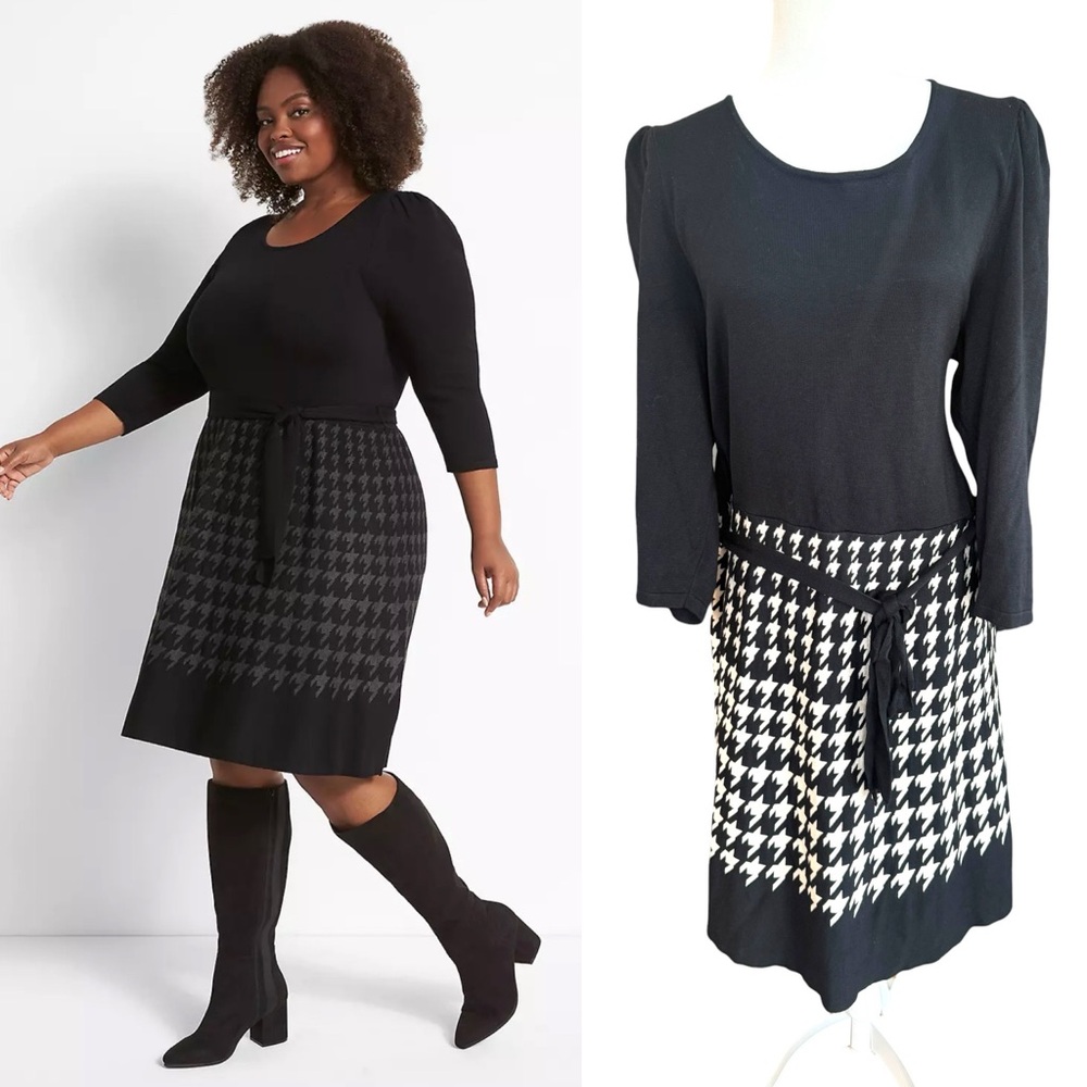 Lane Bryant NEW Long-Sleeve Belted Fit & Flare‎ Houndstooth Sweater Dress 18/20